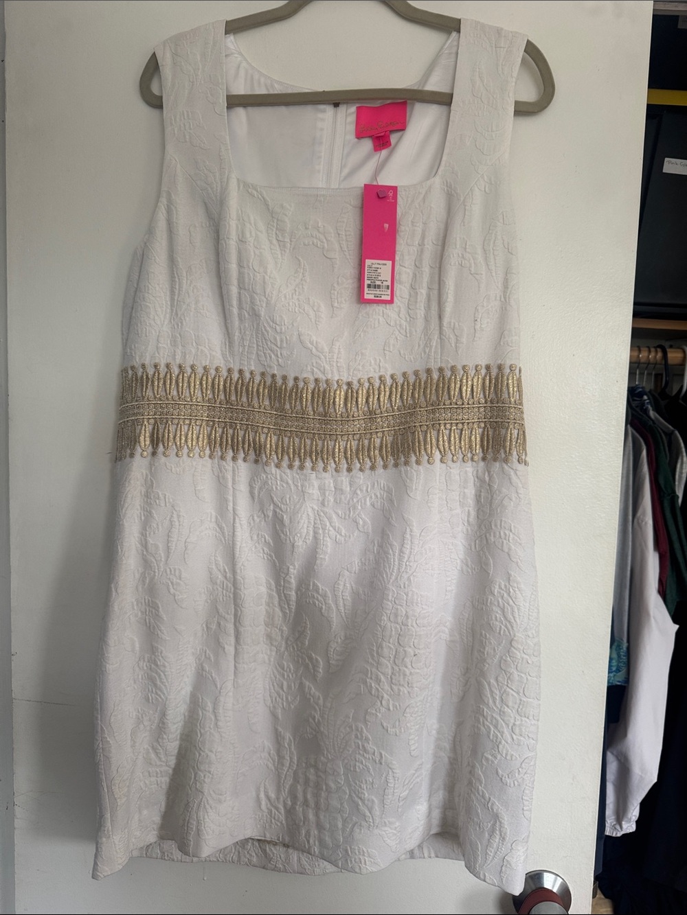 Lilly Pulitzer White Sleeveless Embroidered Mini Dress with Gold Waist Trim
